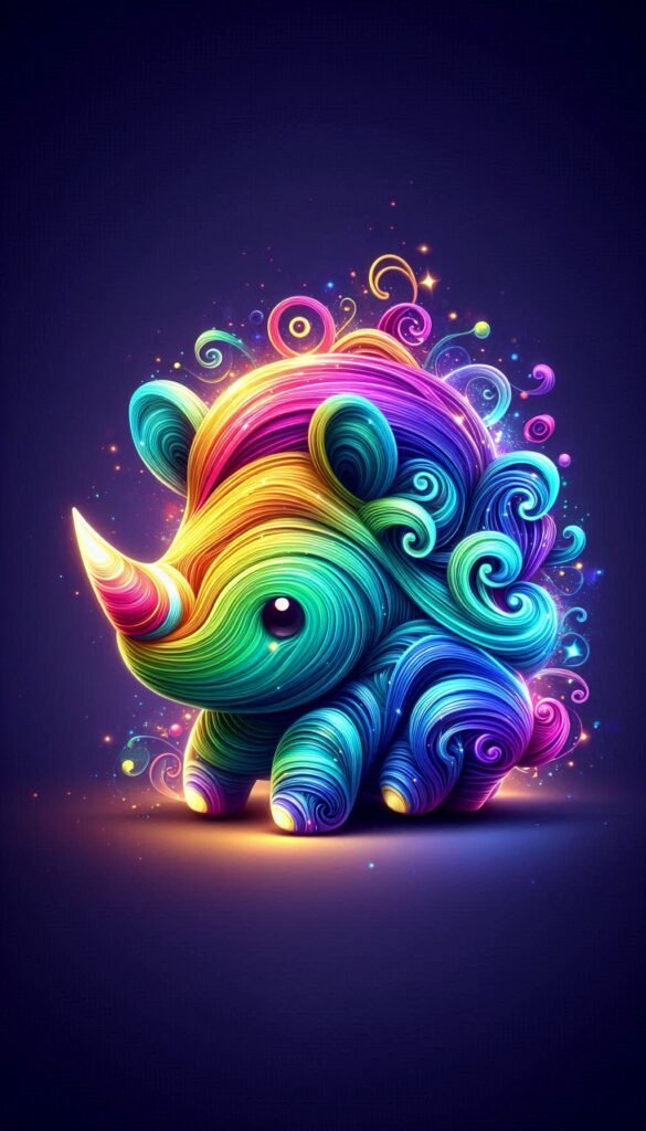 A powerful rhinoceros emerges from vivid energy streams, its form glowing with a sense of strength and motion.