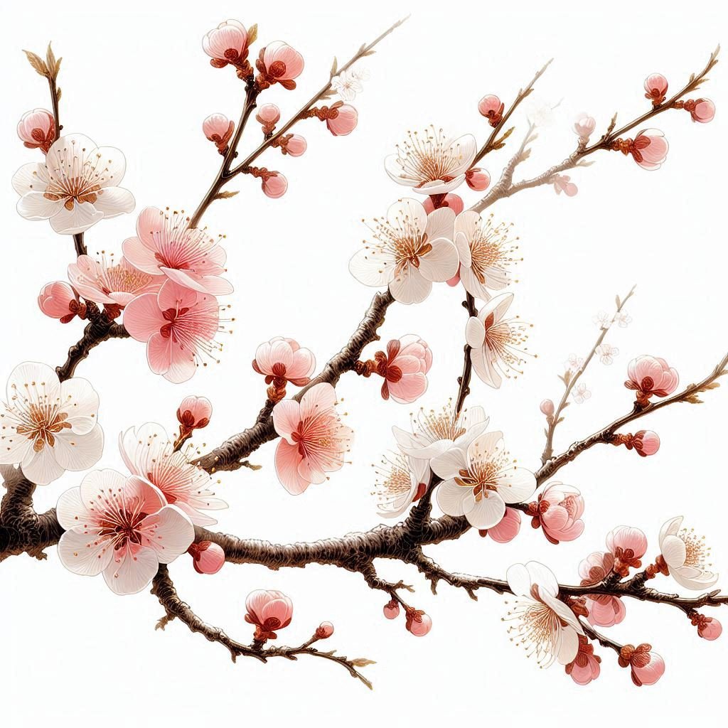 A branch of a peach tree adorned with soft pink blossoms, symbolizing spring's arrival.