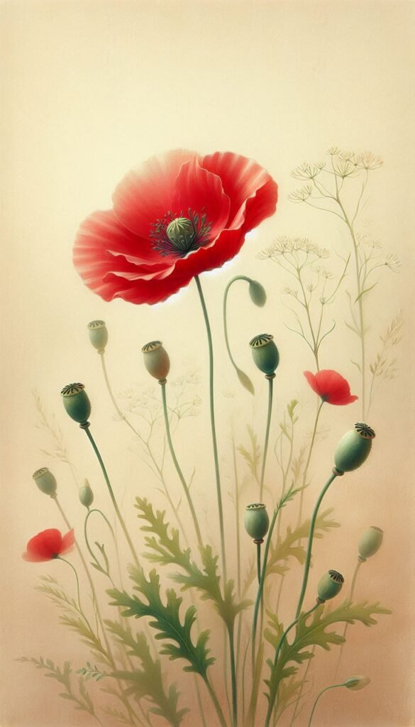 A striking red poppy with delicate petals, standing tall against a gentle breeze.