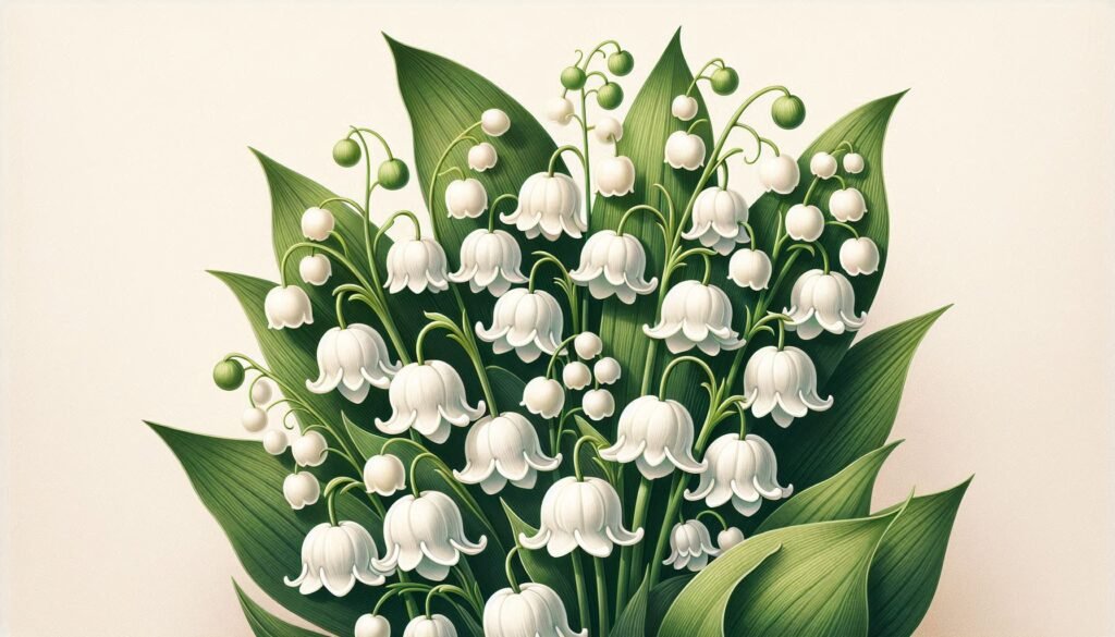 A stem of pure white lily of the valley flowers, small and bell-shaped, radiating elegance.