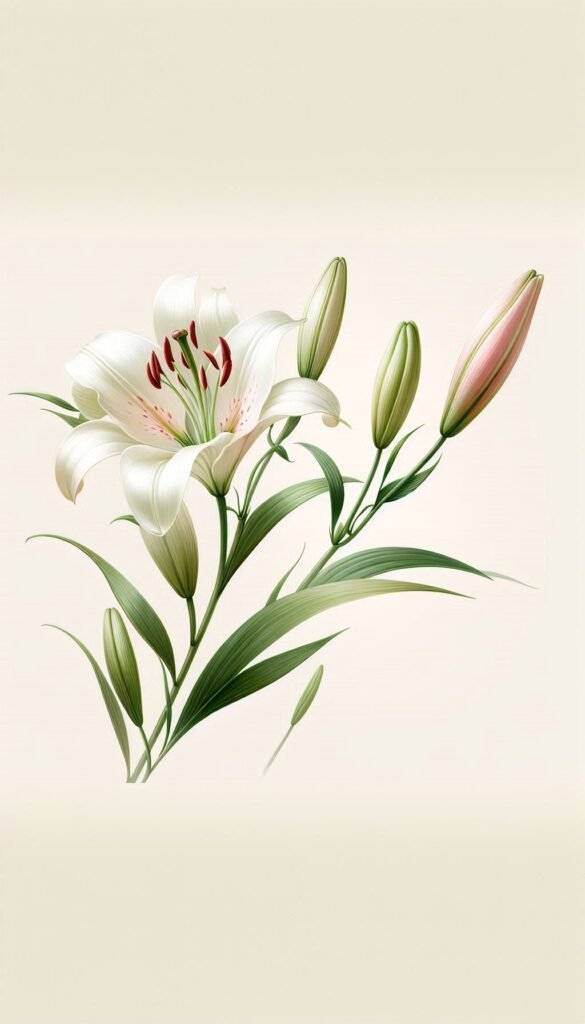A stunning white lily with gracefully curved petals, exuding purity and serenity.