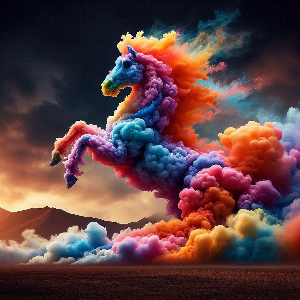 Színes füstből álló ló