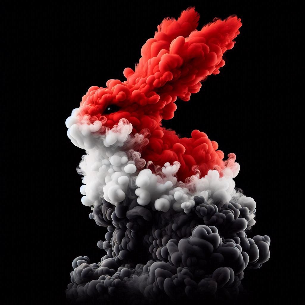 Fekete-fehér és piros füstből álló nyúl