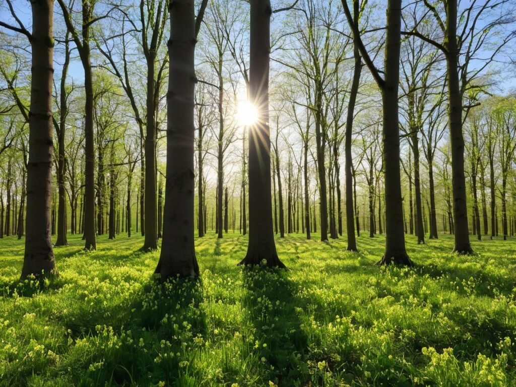 A tranquil forest bathed in warm sunlight, where trees are just beginning to sprout fresh green leaves, welcoming the arrival of spring.