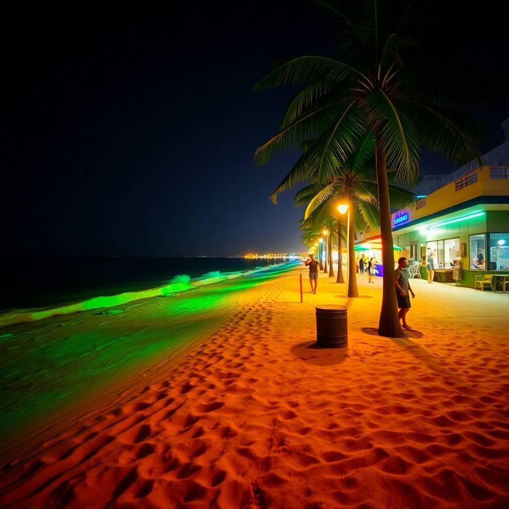 A breathtaking view of the ocean at sunset, with warm golden and pink hues reflecting on the water, as palm trees silhouette against the twilight sky.