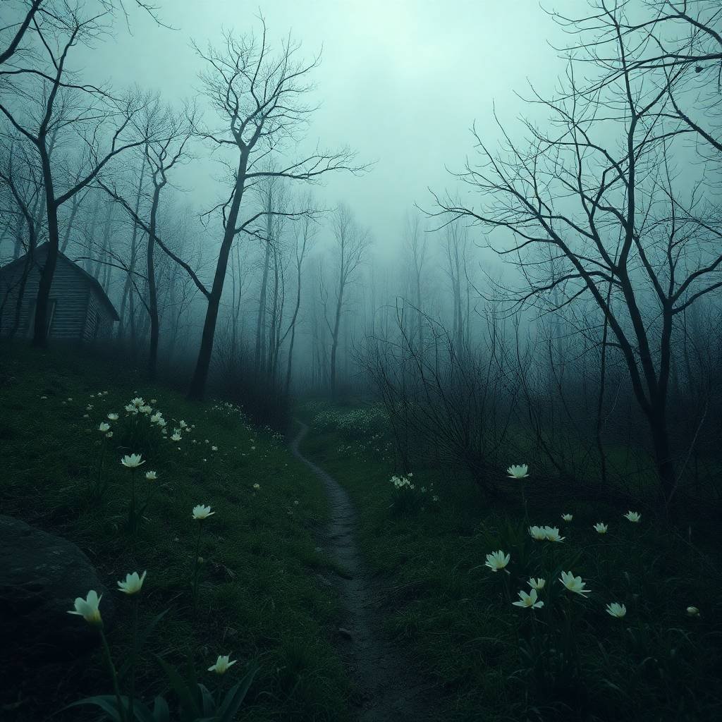 A peaceful dirt path winding through a lush green meadow dotted with blooming spring flowers, framed by small leafless trees, with a cozy house visible in the distance.