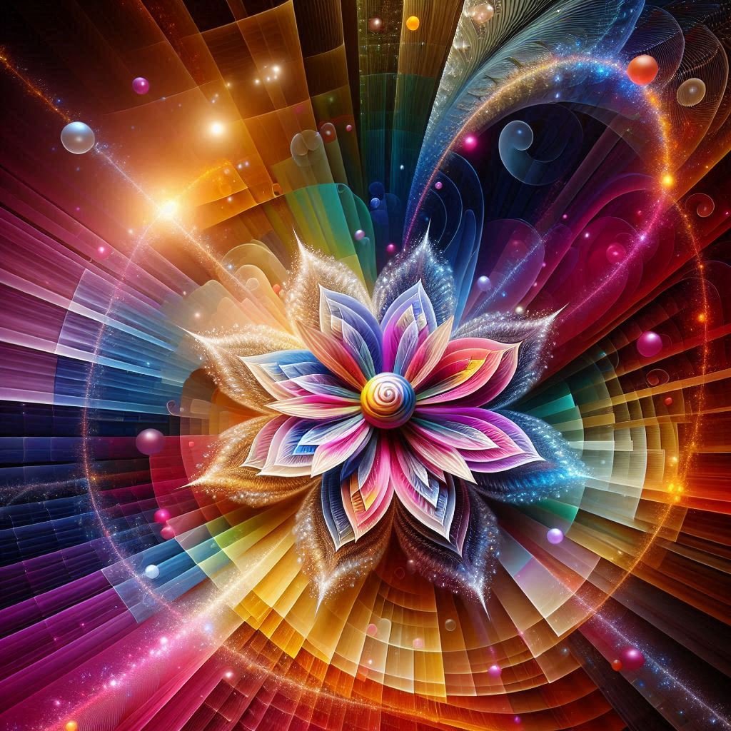 A glowing flower formed entirely from flowing, multicolored energy lines, radiating a surreal and vibrant aura.