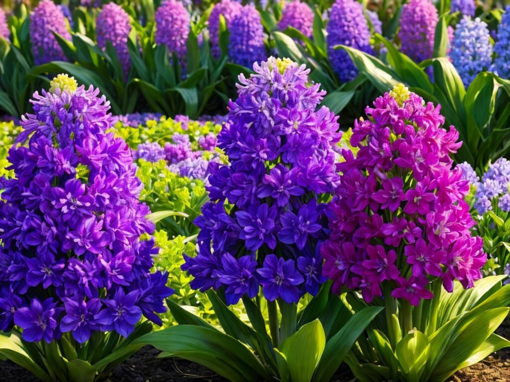 A beautifully bloomed blue hyacinth, standing tall among fresh green leaves, spreading its sweet fragrance in the spring garden.