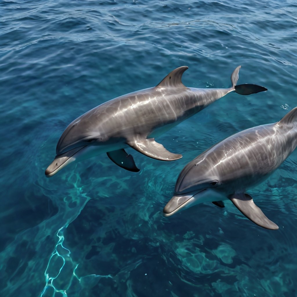 Two graceful bottlenose dolphins swimming playfully in the clear blue ocean, reflecting the sunlight above.