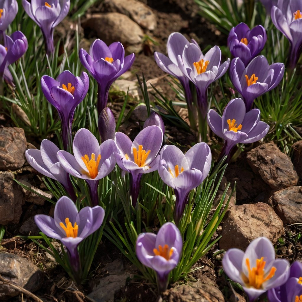 A charming purple crocus emerging from the ground, its petals wide open under the soft sunlight of early spring.