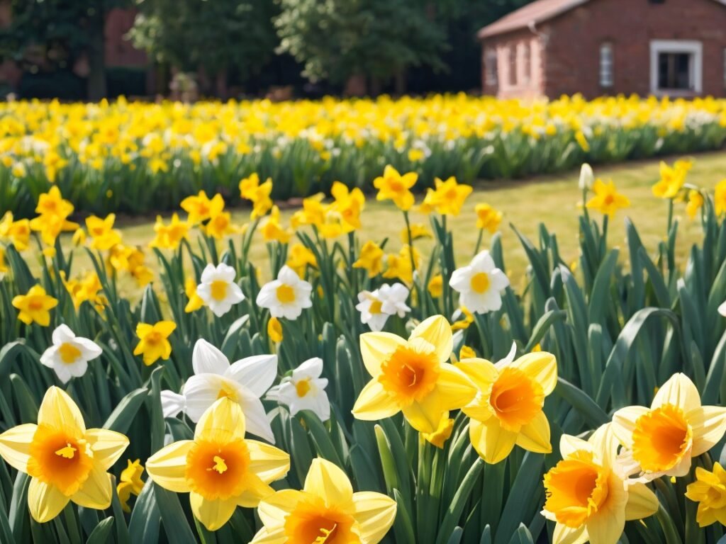 A fully bloomed yellow daffodil standing gracefully in a garden, capturing the beauty of early spring.