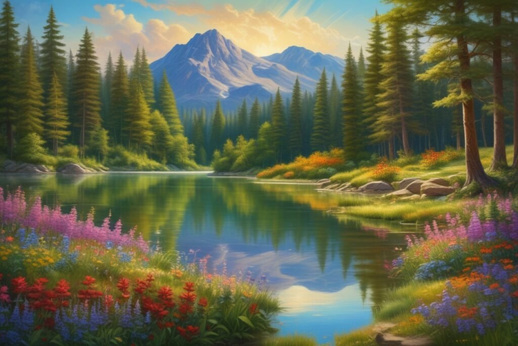 A serene lake in spring, surrounded by colorful blooming flowers, lush trees on the far shore, and hazy mountains in the background, painted with a soft, natural artistic touch.