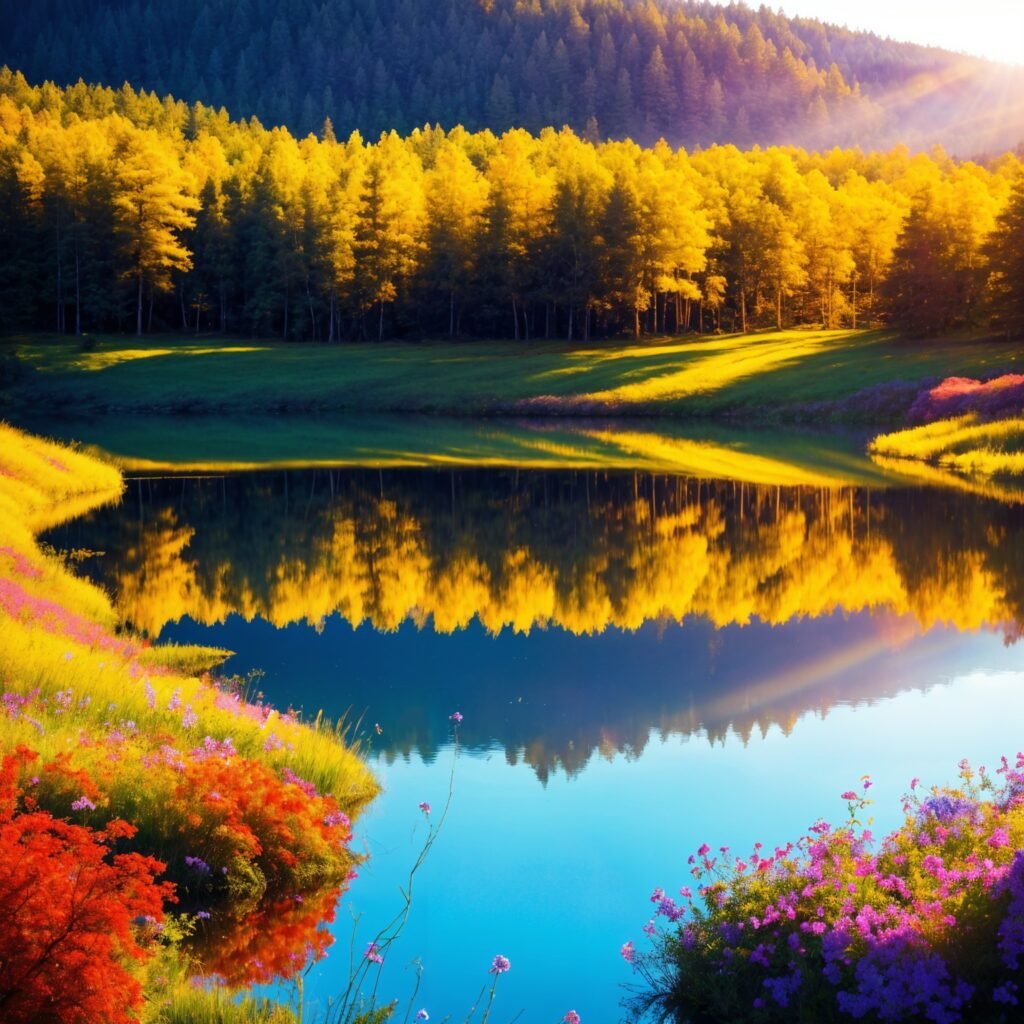 A spring scene painted in a lifelike yet artistic style, depicting a calm lake, vibrant flowers along the water’s edge, trees across the shore, and majestic mountains in the distance.