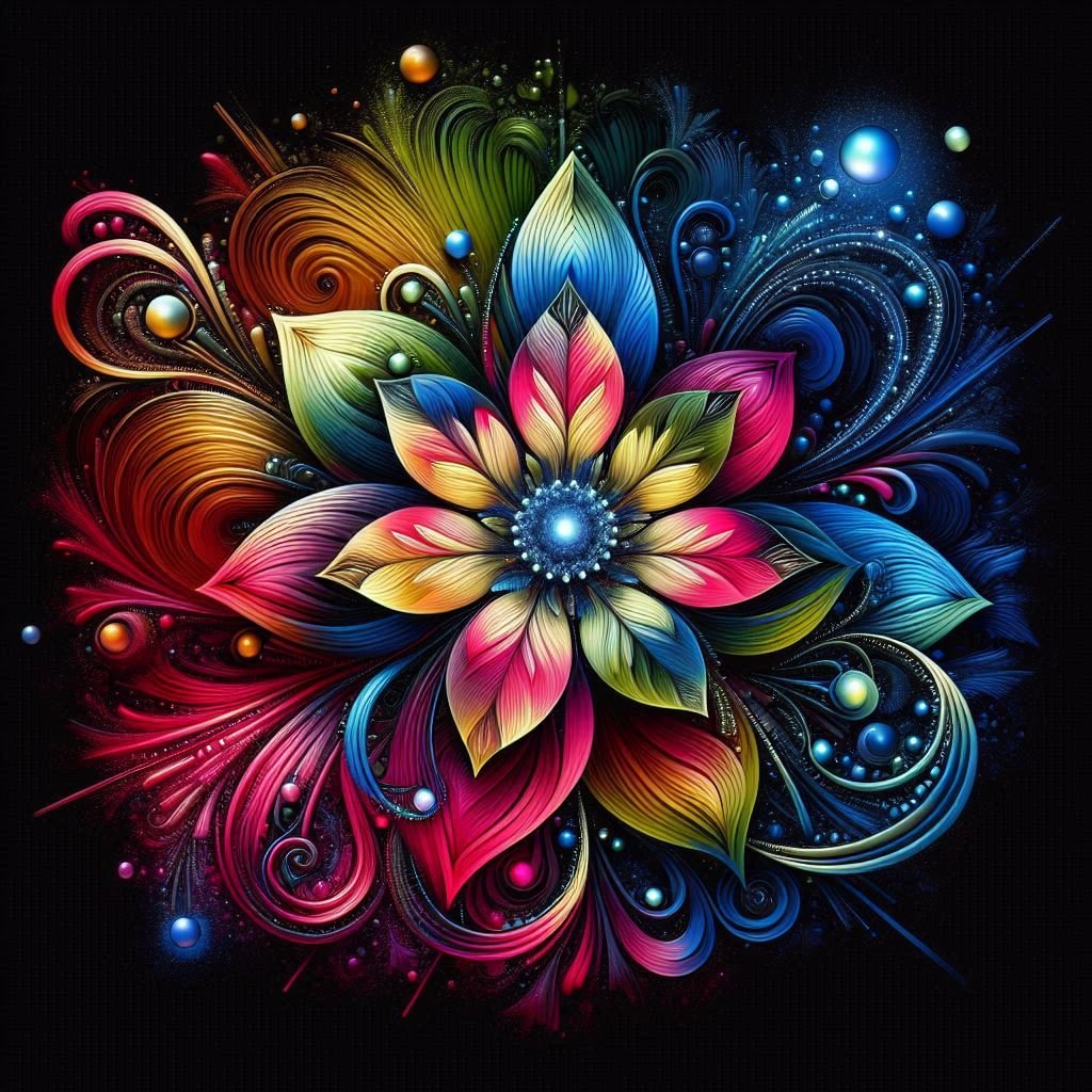 A luminous flower created from intricate, multicolored energy trails, symbolizing harmony between nature and light.