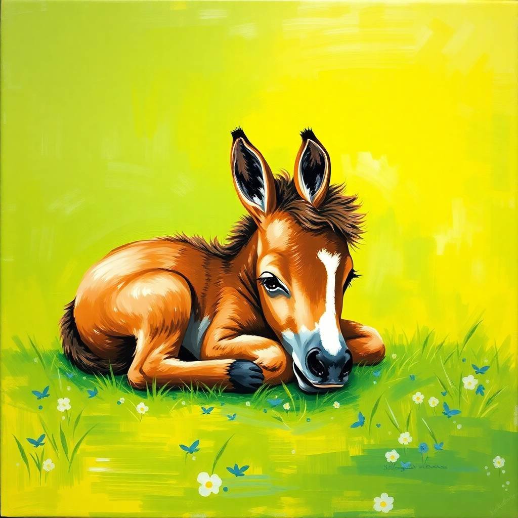 Bold acrylic painting of a cute young foal lying in a green meadow, vibrant colors, textured brushstrokes. The foal rests on its side, in a realistic style