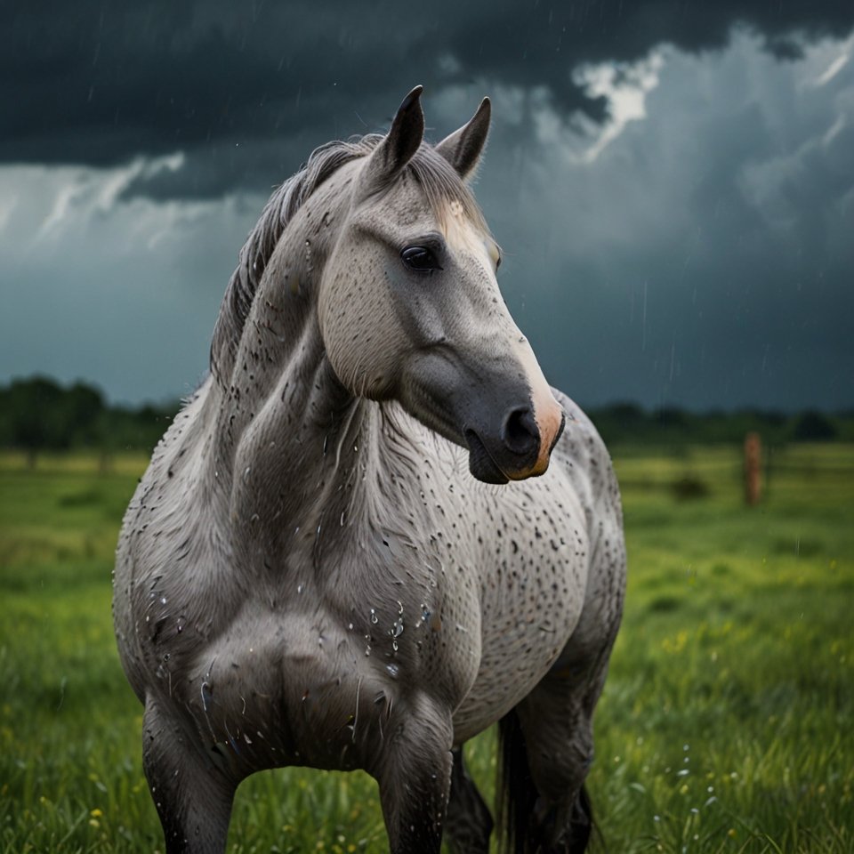 A_grey_horse_standing_in_a_summer_rain