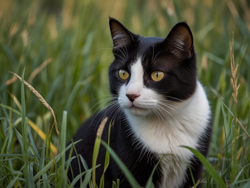Black-white cat in the grass